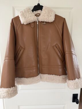 Stand Studio Tan Faux Leather Aviator Jacket with Cream Sherpa